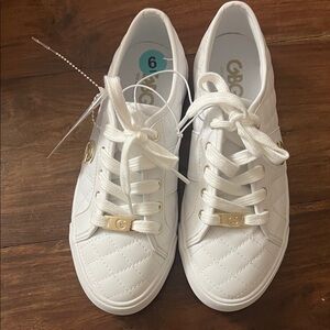 GBG Los Angeles White Lace-Up Sneakers with Gold Accents